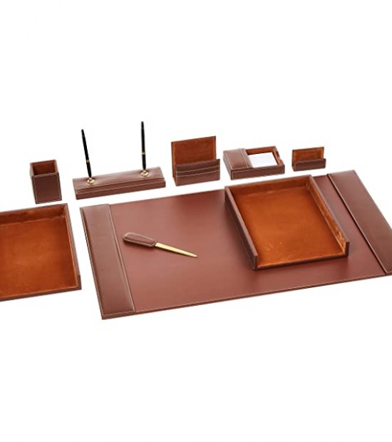 Desk set - decorative leather - 8 pieces - brown - C3